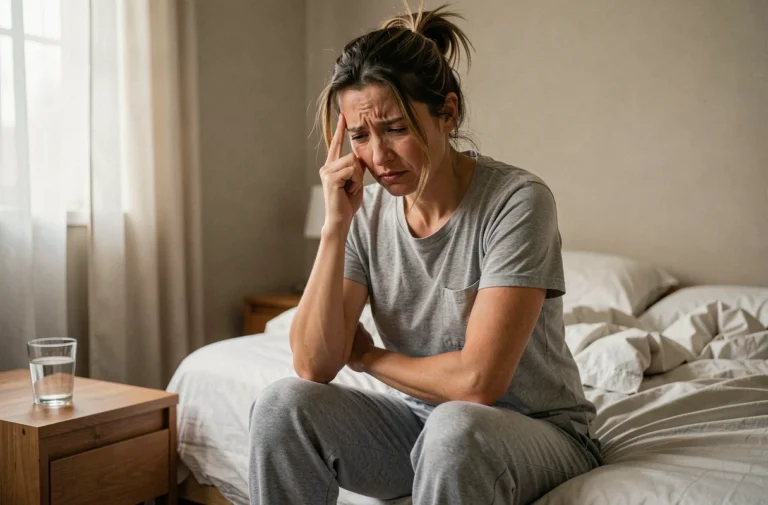Femme tenant sa tempe avec une expression de douleur, illustrant les décharges électriques dans la tête