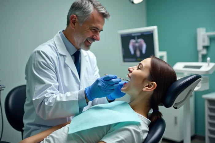 Dentiste examinant la langue d'un patient adulte à la recherche de taches blanches lors d'une consultation dentaire