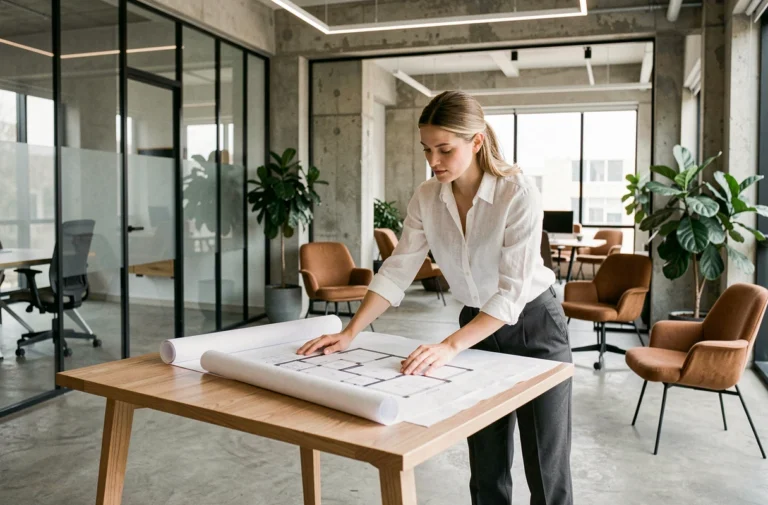 Designer d'intérieur professionnel étudiant des plans architecturaux dans un espace de bureau moderne au design épuré