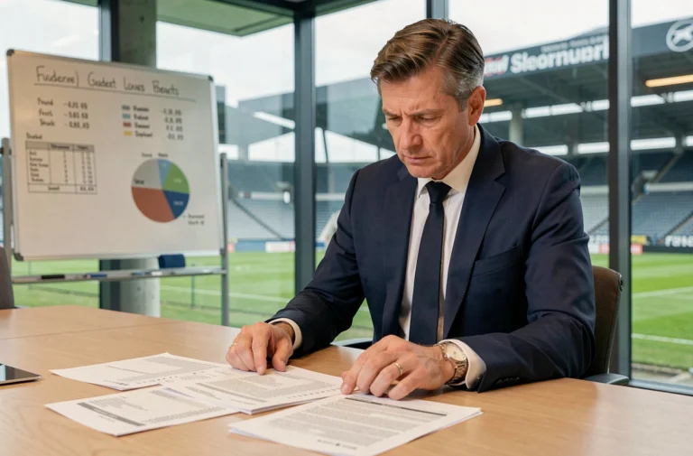 Dirigeant de club de Ligue 1 analysant le budget financier en salle de réunion avec documents et graphiques