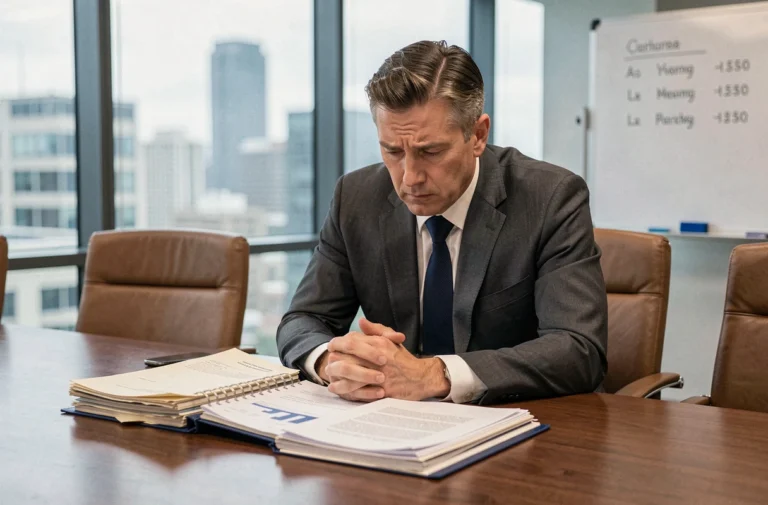 Dirigeant d'entreprise face à des documents de cessation de paiement dans une salle de réunion
