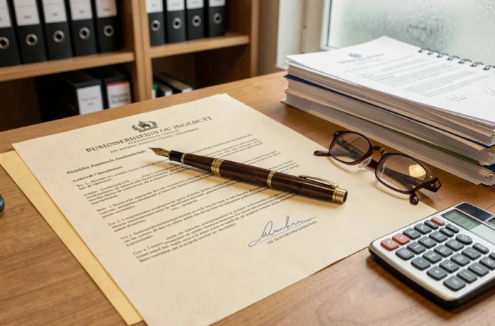 Documents officiels de cessation de paiement avec stylo et calculatrice sur un bureau administratif