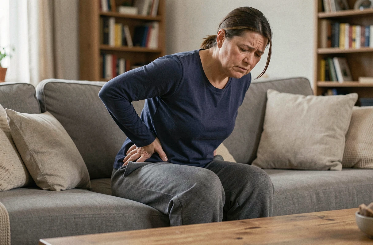 Femme d'âge moyen assise sur un canapé à domicile, souffrant de douleurs lombaires persistantes après une infiltration, expression de gêne visible