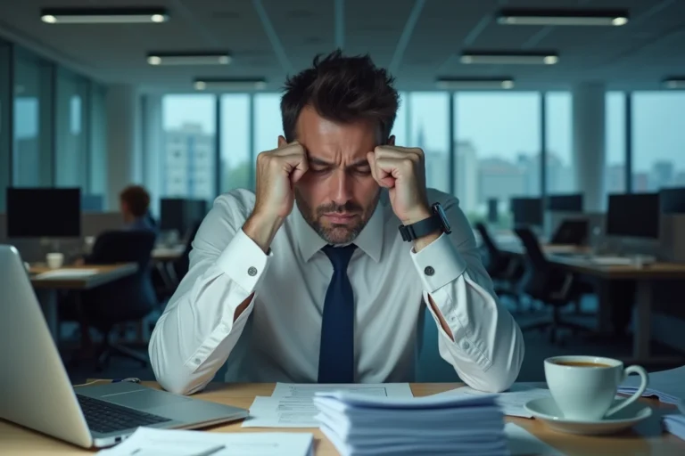 Employé épuisé après une longue journée de travail de 12 heures dans un bureau parisien
