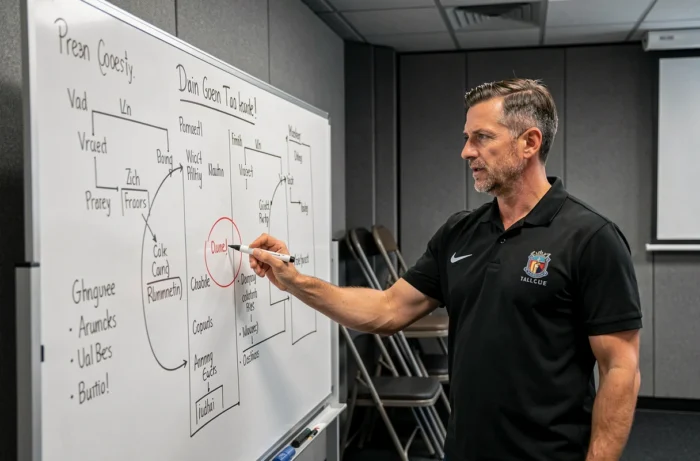 Entraîneur de rugby devant un tableau tactique analysant des rumeurs de transfert lors du mercato