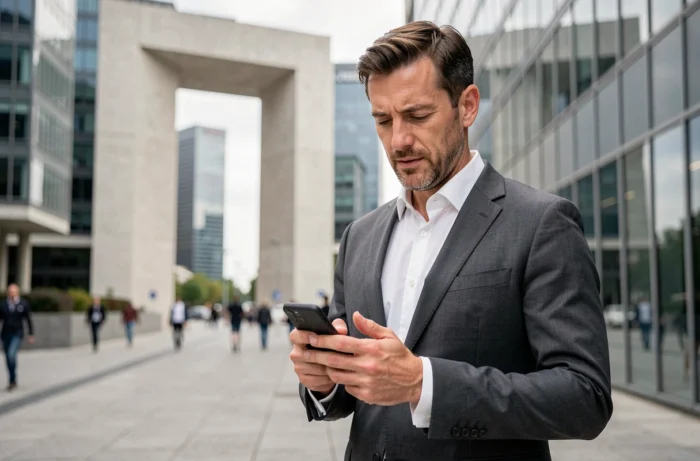 Entrepreneur français devant les tours de La Défense consultant son smartphone pour suivre les actualités business en 2024