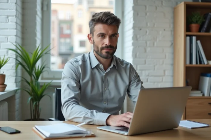 Un entrepreneur en télétravail utilisant un logiciel cloud sur son ordinateur portable dans un bureau à domicile moderne pour digitaliser son activité