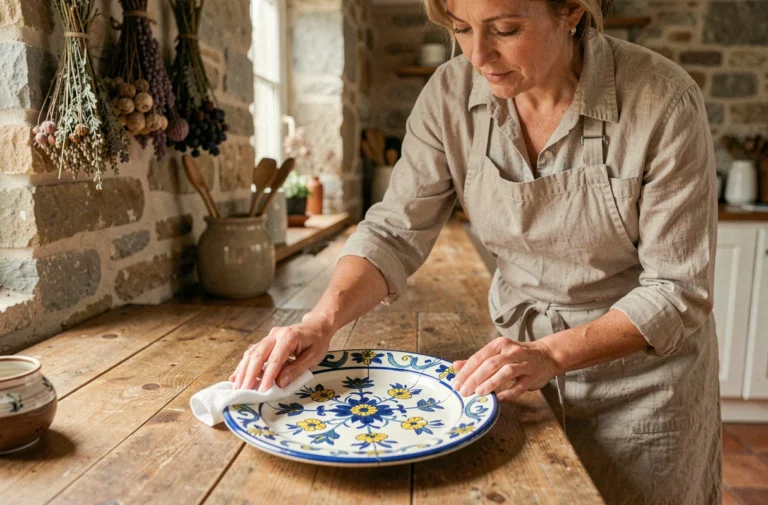 Femme entretenant une assiette en faïence Henriot Quimper avec un chiffon doux dans une cuisine bretonne rustique
