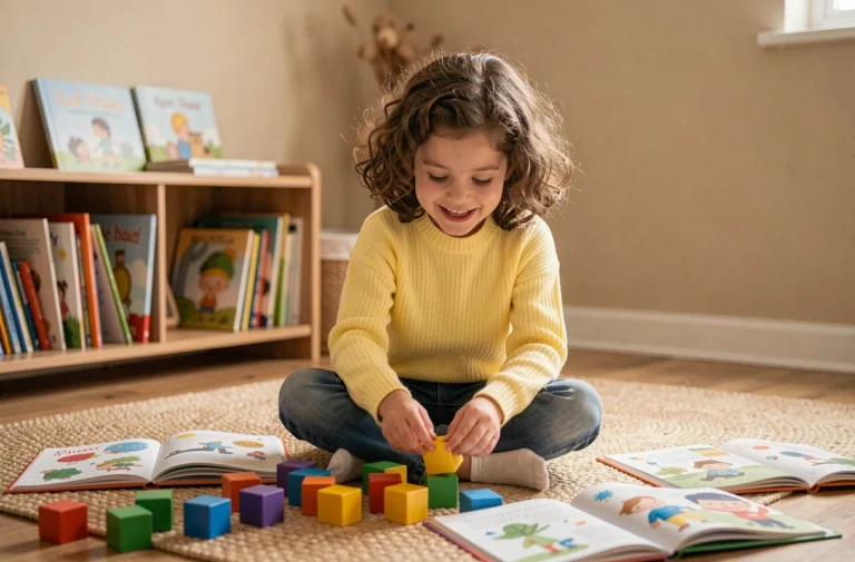 Jeune fille épanouie jouant avec des blocs de construction colorés sur le sol d'un salon chaleureux, illustrant le développement créatif de l'enfant au quotidien
