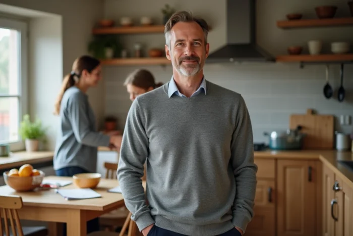 Homme en tenue décontractée préparant un repas en famille dans une cuisine moderne, symbolisant l'équilibre entre engagement professionnel et vie de famille
