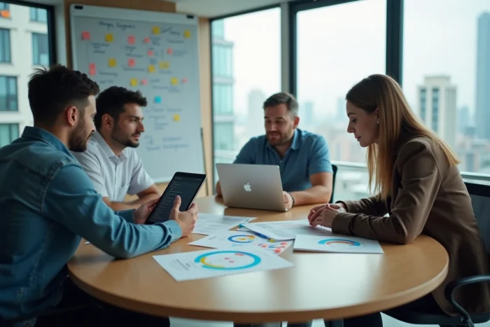 Une équipe de trois collaborateurs travaillant ensemble sur une stratégie de transformation numérique autour d'une table avec ordinateur portable et tablette