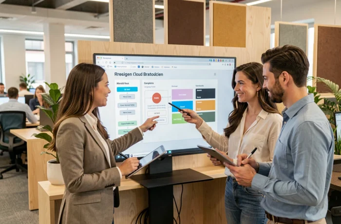Une équipe en discussion autour d'une proposition de refonte de site web dans un espace de coworking moderne