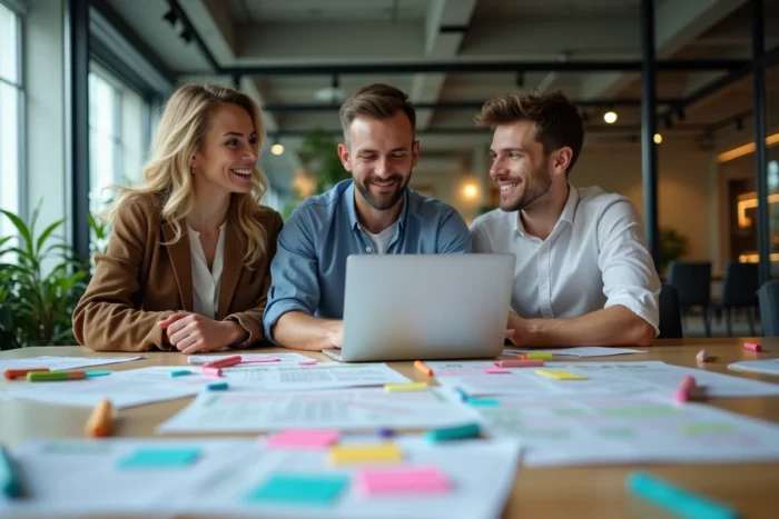 Équipe professionnelle collaborant autour d'outils de développement de carrière lors d'une réunion en entreprise