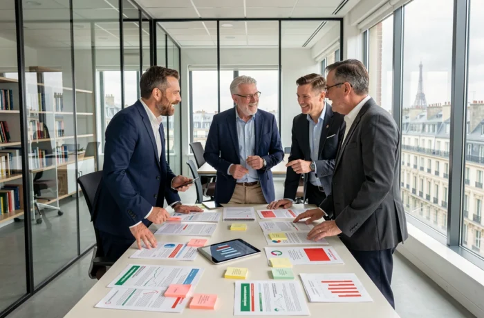Équipe de professionnels français en réunion debout discutant des actualités économiques et stratégies business en 2024