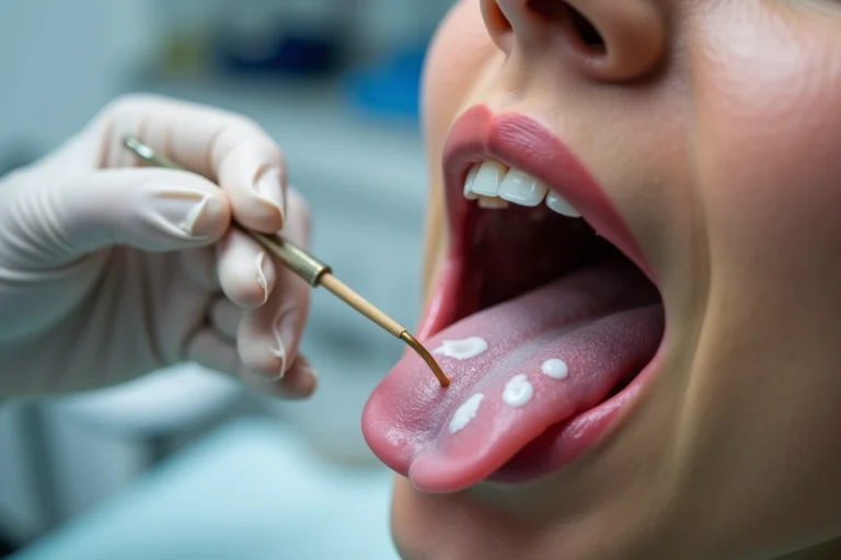 Examen clinique de la langue présentant des taches blanches, avec abaisse-langue tenu par un médecin ganté dans un cabinet médical