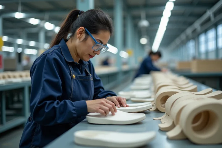Ouvrière assemblant des sandales orthopédiques Scholl dans une usine de fabrication moderne au Vietnam