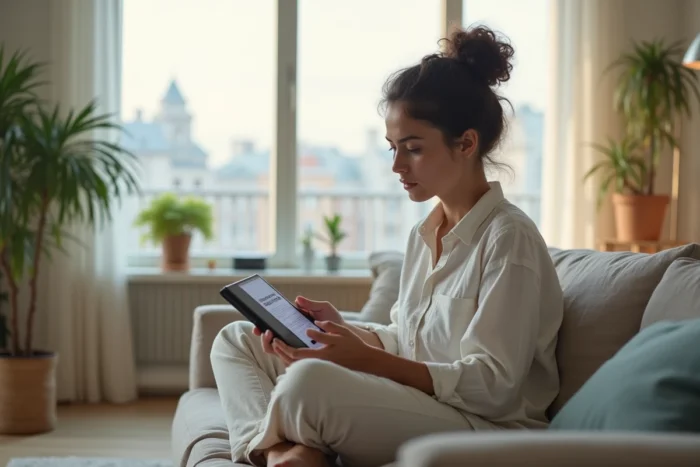 Jeune femme lisant les actualités du moment sur une tablette numérique dans un appartement moderne