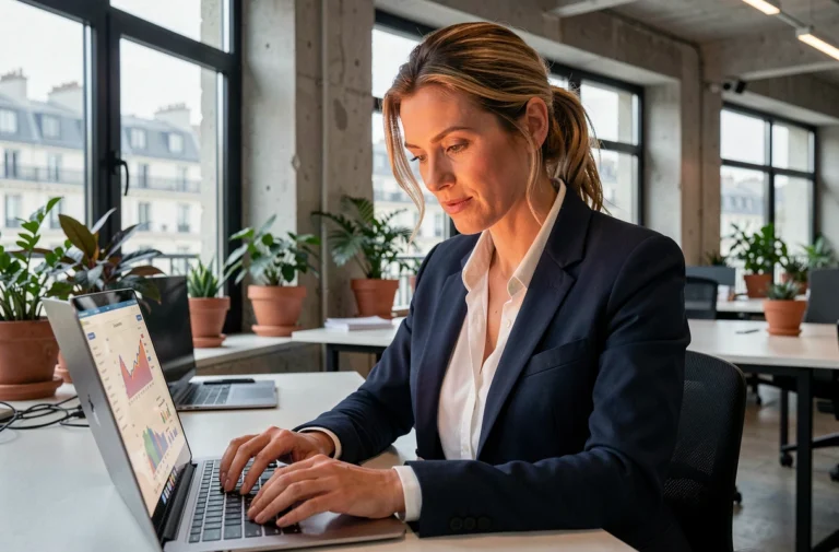 Femme d'affaires française analysant les tendances business 2024 dans un espace de coworking parisien moderne