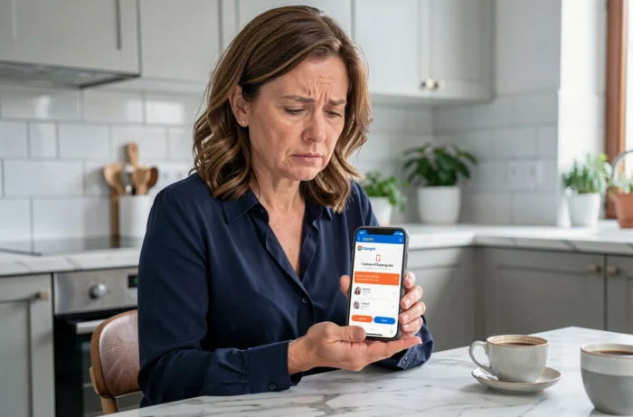 Femme consultant son application mobile Caisse d'Épargne avec un message d'erreur sur smartphone