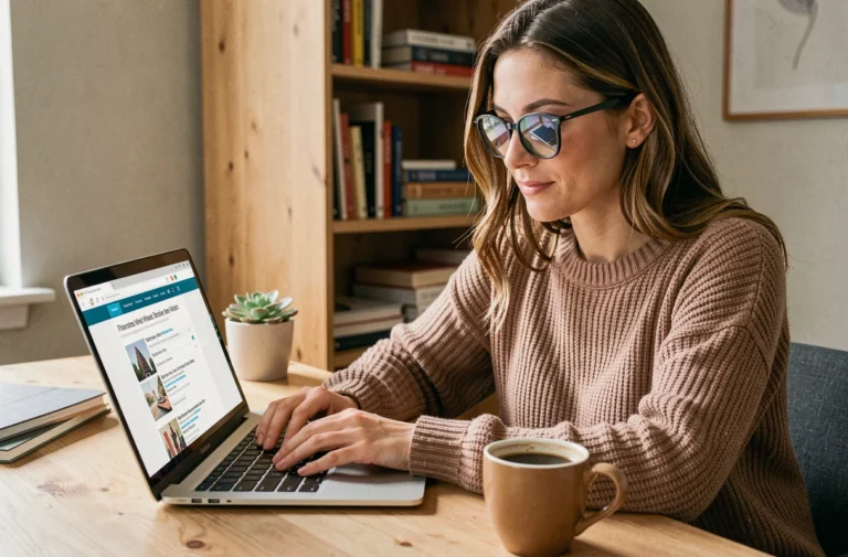 Femme naviguant sur un blog de maman depuis son bureau à domicile avec un café et un carnet