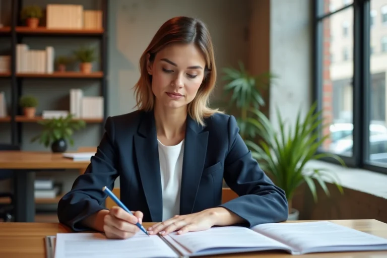 Femme professionnelle choisissant une formation pour booster sa carrière, assise dans un espace de coworking moderne avec des brochures de cours
