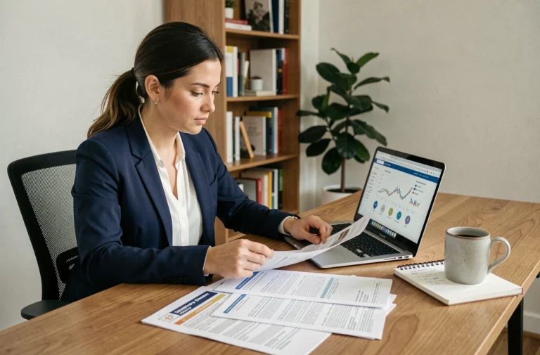 Femme comparant des offres de crédit en ligne sur son ordinateur portable avec des documents financiers étalés sur son bureau à domicile