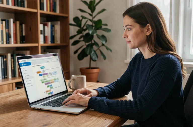 Femme consultant un plan de site structuré sur son ordinateur portable dans un bureau à domicile