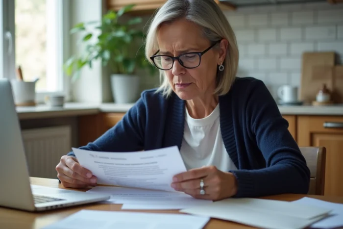 Femme de 45 ans examinant un courrier officiel de la CAF à sa table de cuisine entourée de documents administratifs