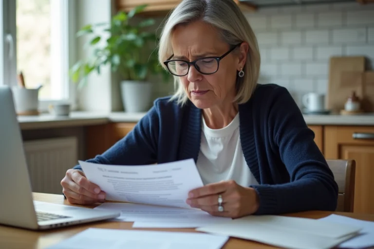 Femme de 45 ans examinant un courrier officiel de la CAF à sa table de cuisine entourée de documents administratifs