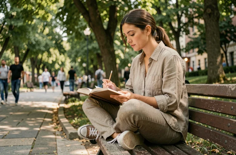 Femme dessinant dans un carnet de croquis sur un banc de parc pendant ses loisirs