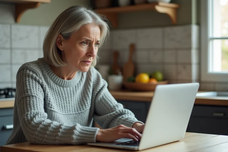 Femme inquiète lisant un email frauduleux Cetelem sur son ordinateur portable dans une cuisine