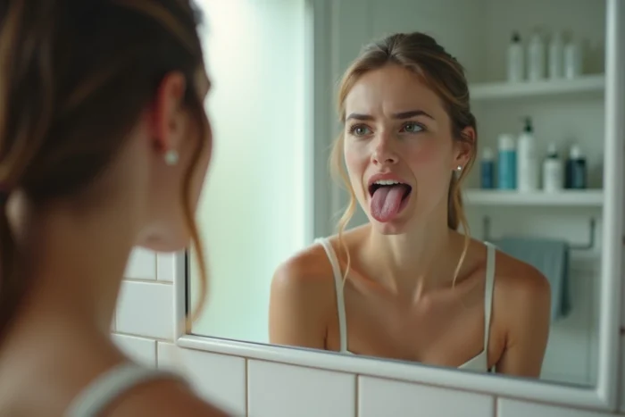 Femme examinant sa langue devant un miroir de salle de bain pour détecter des taches blanches inhabituelles