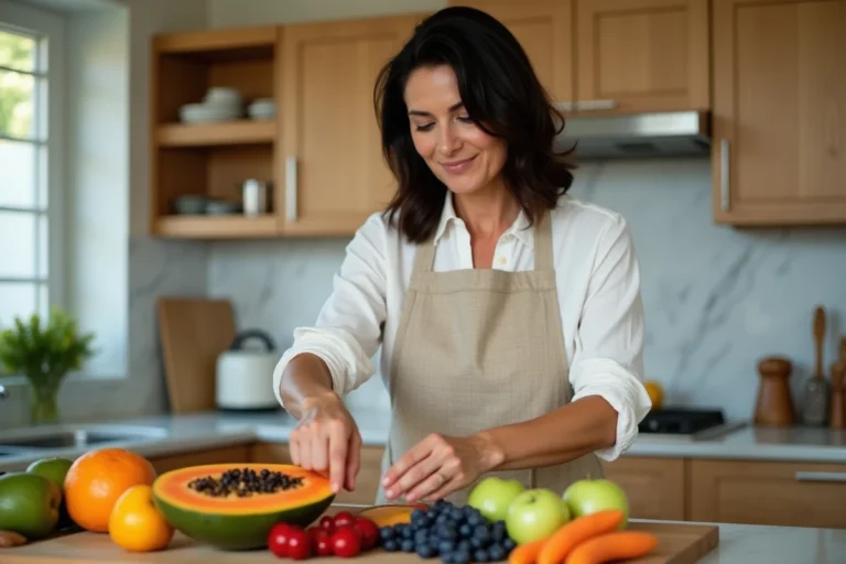 Femme préparant un assortiment de fruits frais bons pour la santé du pancréas dans une cuisine moderne