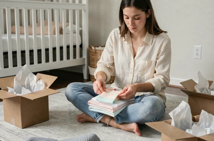 Jeune femme pliant du linge bébé tendance en coton gaufré dans une chambre de bébé minimaliste décorée avec soin