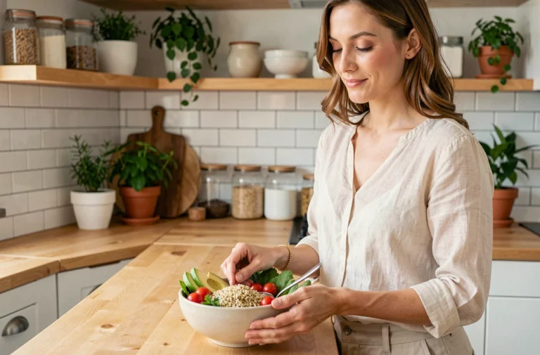 Femme préparant un bol repas équilibré avec légumes frais et quinoa dans une cuisine moderne, mode de vie sain et nutrition au quotidien