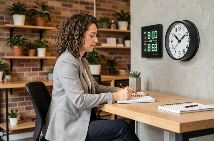 Femme professionnelle prenant des notes sur la gestion du temps en centièmes d'heure dans un espace de coworking