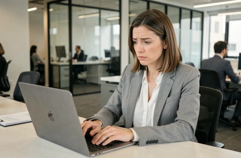 Femme professionnelle cherchant une nouvelle adresse de plateforme en ligne sur son ordinateur portable au bureau