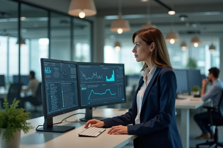 Une professionnelle analysant des tableaux de bord numériques sur deux écrans dans un bureau moderne pour piloter la transformation digitale de son entreprise