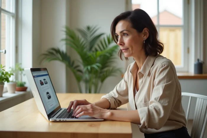 Une femme consulte des témoignages clients sur un site de vente de voitures d'occasion depuis son ordinateur à la maison