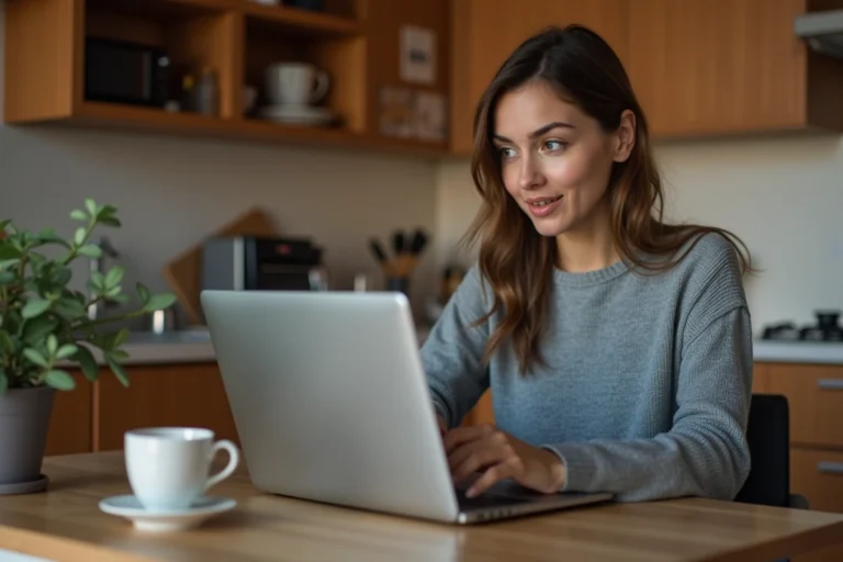 Femme cherchant le jour le moins cher pour un vol Ryanair sur son ordinateur portable dans une cuisine
