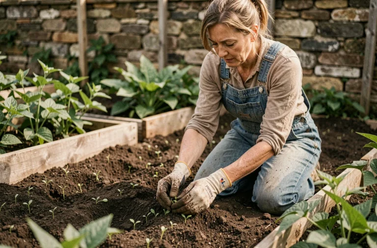 Femme jardinant et semant des haricots verts dans un potager selon le calendrier lunaire 2026