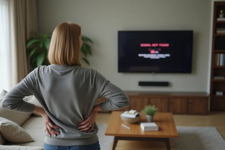 Femme devant sa télévision affichant une erreur de signal pour Télé Z non reçu