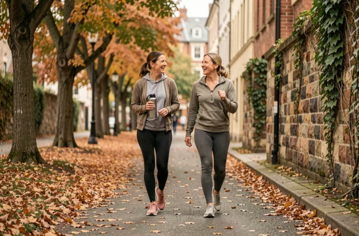 Deux femmes marchant et riant sur un chemin arboré en automne avec une bouteille d'eau, activité physique et hygiène de vie saine en plein air