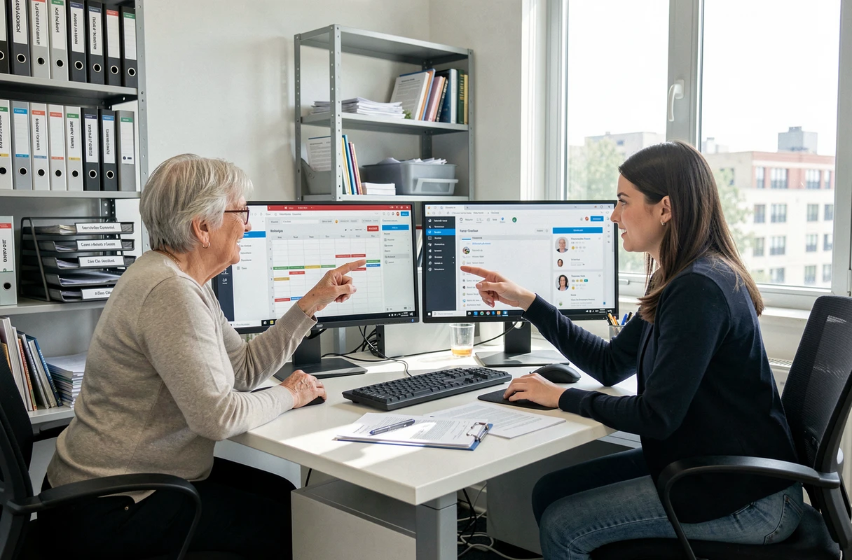 Deux intervenantes ADMR en session de formation sur le logiciel Philia devant un poste de travail informatique