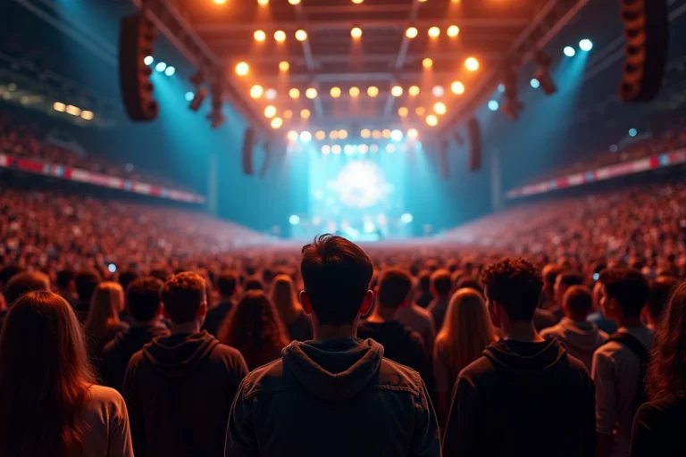 Vue depuis la fosse d'un grand concert à l'Accor Arena, public debout enthousiaste face à la scène