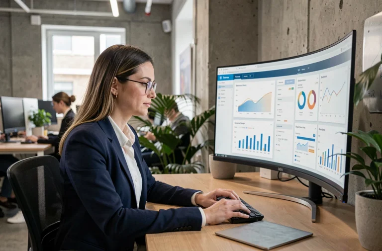 Femme professionnelle centralisant des projets sur un tableau de bord numérique dans un bureau moderne en 2026