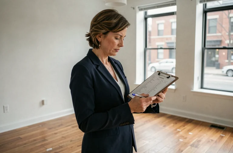 Gestionnaire immobilière inspectant un appartement vide lors d'un changement de locataire avec une checklist
