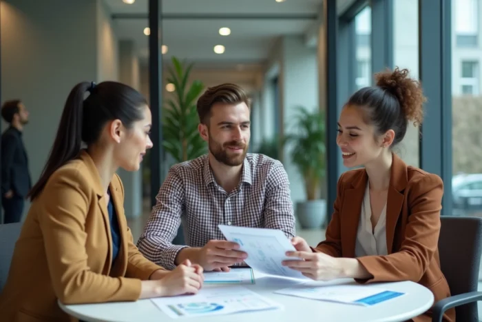 Groupe de jeunes professionnels discutant ensemble des options de formation pour évoluer dans leur carrière en entreprise