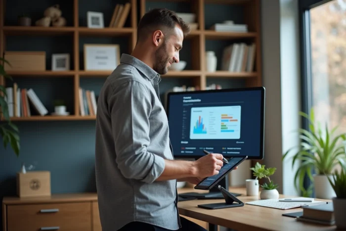Homme debout à son bureau à domicile consultant un tableau de bord de développement de carrière sur tablette