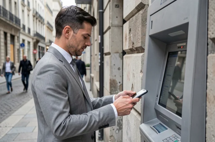 Un homme utilisant sa carte bancaire sans contact à un distributeur automatique dans une rue urbaine européenne